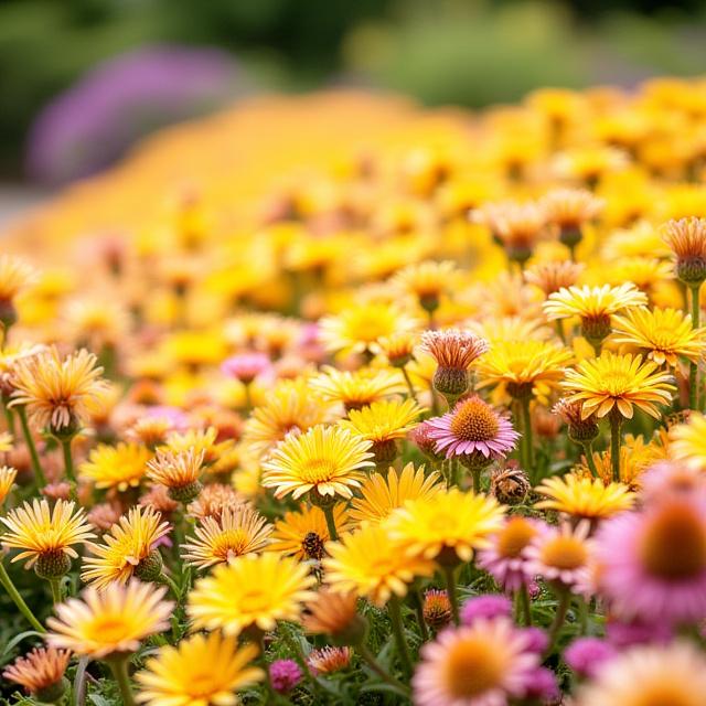 Un bordo misto lussureggiante e ricco di perenni con diverse sfumature di viola e giallo oro.