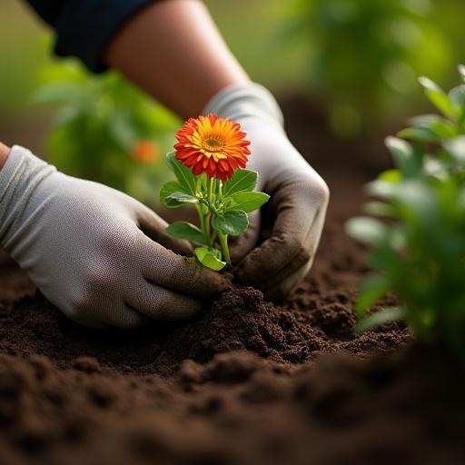 Giardiniere al lavoro che pianta un fiore meticolosamente